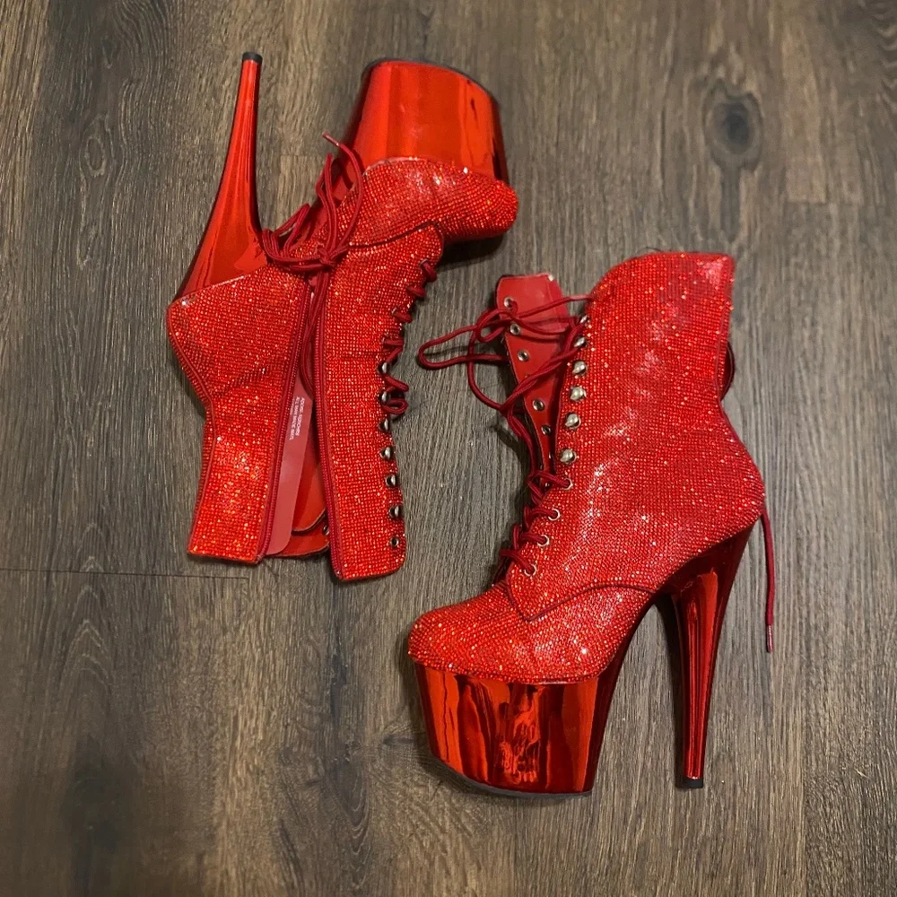 Pleaser Red Rhinestone Platform Boots - Picture 1 of 3